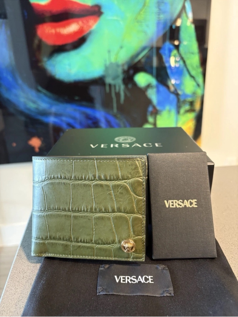 Versace Olive Green Croc-Embossed Leather Money Clip with Gold Medallion